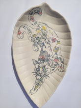Load image into Gallery viewer, Lucy Corke - Stretching Tattoed Cat Stoneware Leaf Shaped Plate 29x16cm