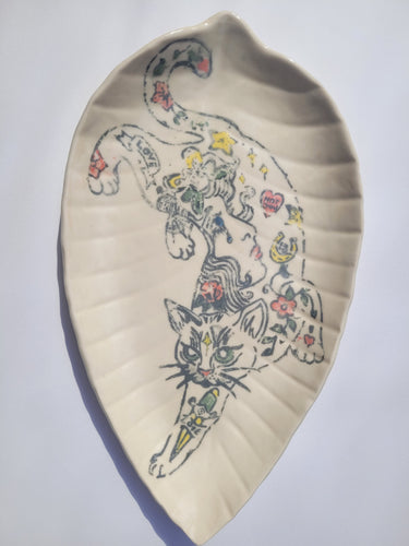 Lucy Corke - Stretching Tattoed Cat Stoneware Leaf Shaped Plate 29x16cm