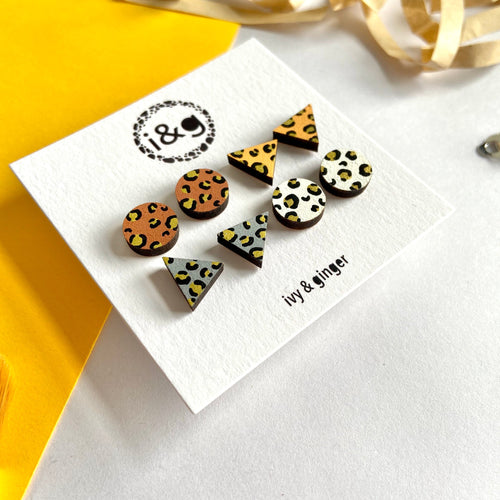 Ivy & Ginger - Gold Leopard Print Handpainted Wooden Earring Set - Set of 4