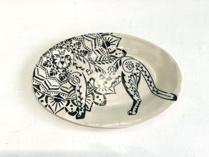 Lucy Corke - Cheetah Mandala stoneware oval plate b/w 30cm