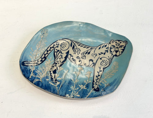 Lucy Corke - Cheetah stoneware Asymmetrical blue with flowers 27x22cm