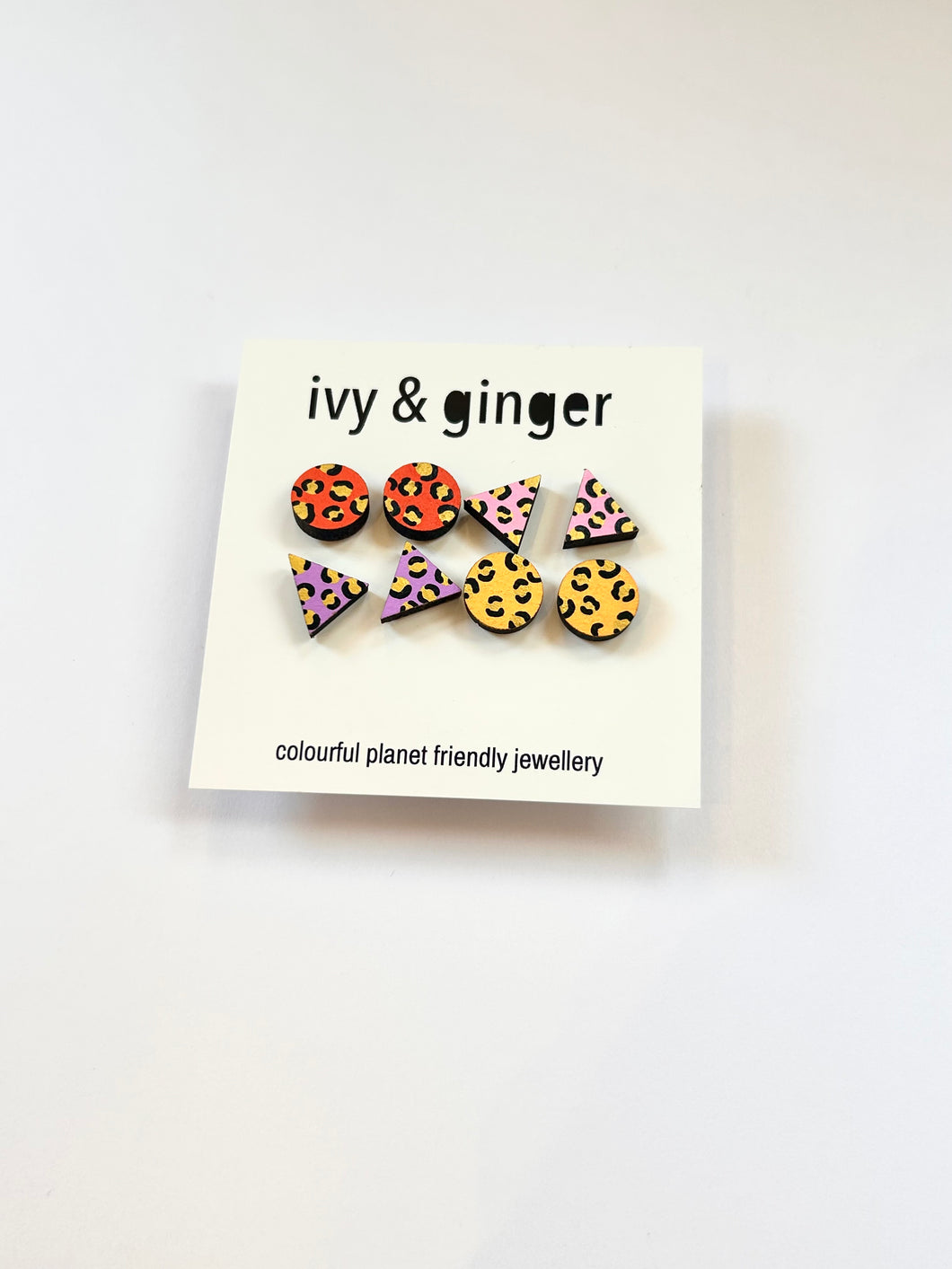 Ivy & Ginger Bright Leopard Print Handpainted Wooden Earring Set - Set of 4