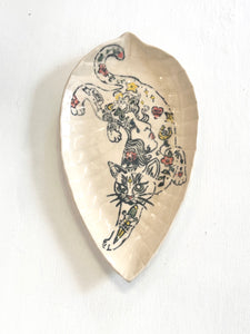Lucy Corke - Stretching Tattoed Cat Stoneware Leaf Shaped Plate 29x16cm