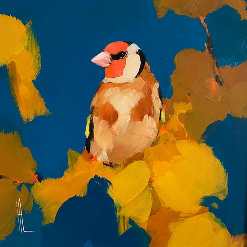 Heidi Langridge - Goldfinch on dark blue with golds