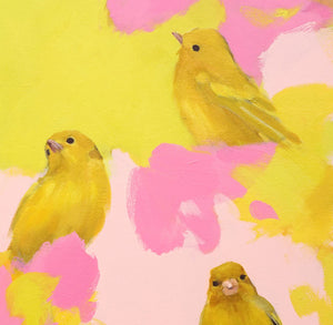 Heidi Langridge - Happy Yellow Birds in Pinks and Yellows - 76 x 76cm