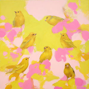 Heidi Langridge - Happy Yellow Birds in Pinks and Yellows - 76 x 76cm
