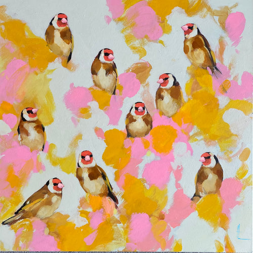 Heidi Langridge -  Nine Goldfinches in Marigolds and Pink 76x76cm