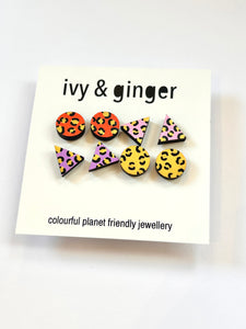 Ivy & Ginger Bright Leopard Print Handpainted Wooden Earring Set - Set of 4