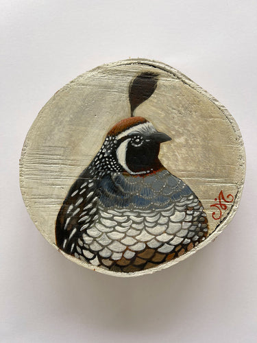 Mia Underwood - Quail- Mixed media painting on silver birch wood.