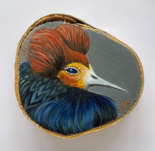 Mia Underwood - Ruff Bird No1- Mixed media painting on silver birch wood.