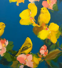 Load image into Gallery viewer, Heidi Langridge - Three Yellowhammers in Royal blue with pink/yellow flowers
