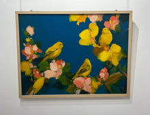 Load image into Gallery viewer, Heidi Langridge - Three Yellowhammers in Royal blue with pink/yellow flowers