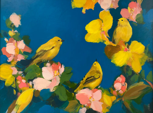 Heidi Langridge - Three Yellowhammers in Royal blue with pink/yellow flowers