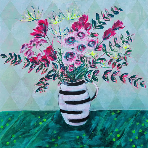 Pam Glew - Crimson bouquet in striped jug - original