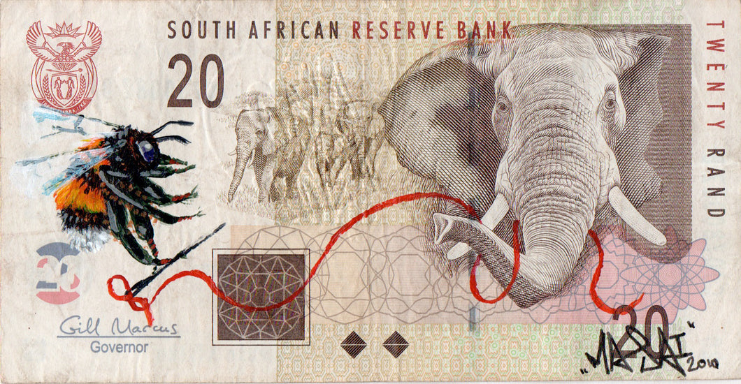 Louis Masai - Original Bee painting on Elephant SA Banknote